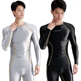 Men's Swimwear Sexy Satin Glossy Men Top Round Neck Tight Fitting Long Sleeved T-shirt For Sports Fitness Running Spandex Shirts Tops