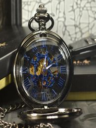 TIEDAN Blue Steampunk Skeleton Mechanical Pocket Watch Men Antique Luxury Brand Necklace Pocket Fob Watches Chain Male Clock 2209281337