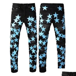 Mens Jeans Man Skinny Men Black Ripped Designer Rip Pants Denim Blue Star Patches Straight Zipper Fly Hole Fashion Halloween Hip Hop 2 Dhle3