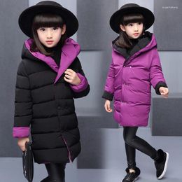 Down Coat Double-side Winter Girls Cotton-Padded Thick Warm Kids Jackets For Hooded Long Style Toddler Teen Children Outerwear