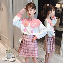 Clothing Sets Girls JK Suit Spring And Autumn Kids Fashion Embroidery Lapel Long Sleeve Top Pleated Skirt 2 Piece Chinese Style 3-15Y