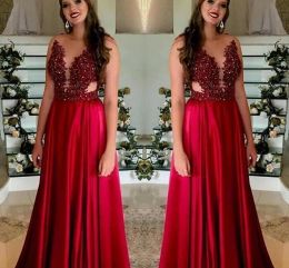 Dark Red Beaded Top Prom Dresses Illusion Sleeveless Floor Length Chiffon Sheer Neck Custom Made Evening Party Gowns Formal Occasion Wear
