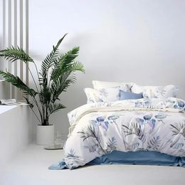 Duvet Covers Queen Size Tropical 100% Cotton Blue Leaf Comforter Cover Sets Reversible Ultra Soft Breathable Design Bedding Set 240417