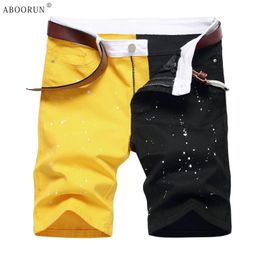 ABOORUN Mens Fashion Painted Ripped Hole Denim Shorts Colour Contrast Slim fit Jean Shorts for Male 240417