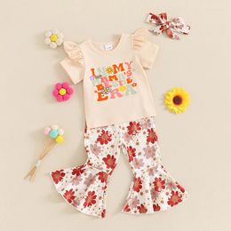 Clothing Sets Baby Girl Clothes Ruffled Short Sleeve T-shirt Flower Print Flared Pants Headband Infant Summer Spring Casual Outfits