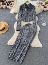 Work Dresses EWQ Sweet Casual Two Piece Set For Women Lapel Zipper Long-sleeve Coats Sequins Hip Warp Skirts Suit Winter Spring 2024