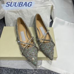 Women's Flat Shoes Free Shipping With Shoebox Spring New Pointy Head Shallow Mouth Sequin Rhinestones Cross Chain Temperament Socialite Single Shoes