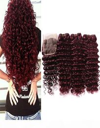 Burgundy Lace Closure Deep Wave Brazilian Human Hair Wine Red Raw Deep Curly Ocean Wave 99j Hair Extension Weave Wavy Bundles With9984493