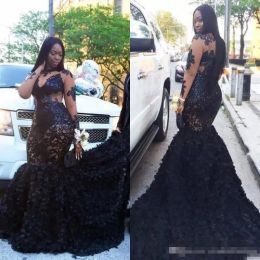 Sexy Black Illusion Bodice Prom Dresses Long Sleeves with Handmade Flowers 2024 Custom Made Sweep Train Jewel Neck Formal Evening Wear