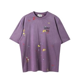 Purple T-shirts Summer Vintage Painted High-Quality Men Women Printed Tops Tee Real Pics 2024