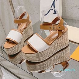 Wedge Sandals Fashion Women Shoes Designer Heels Sandal Embroidered Cotton Summer Straw Shoes Braided Rope Sole Platform Designer Shoes Top Quality Rubber Outsole