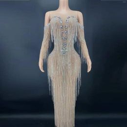 Stage Wear Silver Rhinestones Fringes Nude Transparent Dress Crystals Chains Birthday Evening Celebrate Costume Singer Performance Costumes