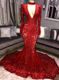 Party Dresses Sexy Sparkly Sequins Long Sleeve Royal Blue Red Mermaid Prom Deep V Neck Women Evening Gown Black Girls