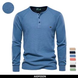 Men's T-Shirts Waffle Henley T-Shirt Men Long Sleeve Basic Breathable Mens Tops Tee Shirts New Autumn Solid Color T Shirt For Men