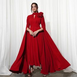 Vintage Short High Neck Red Pleated Evening Dresses With Sleeves A-Line Chiffon Middle East Ankle Length Zipper Back Prom Dresses for Women