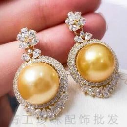 Stud Earrings GORGEOUS HUGE 12-13MM SOUTH SEA GOLDEN PEARL EARRING 925S..