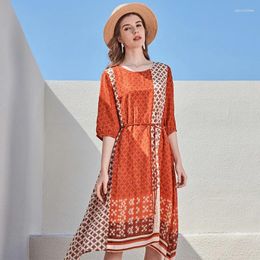 Casual Dresses Orange Retro Chiffon Silk Floral Maxi Dress Women 2024 Summer Long Work Boho Beach Office Sexy Party Luxury Plus Size