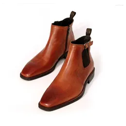 Boots England Handmade High Quality Leather Masculine Boot Vintage Carved Square Head Brown Ankle Men Design Gents Shoes 44 45