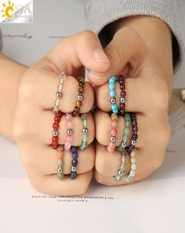 CSJA Natural Stone Beads Rings 4mm Crystal Round Strand Finger Ring Elastic Handmade Creative Band Ring for Women Men Party Jewelr3047883