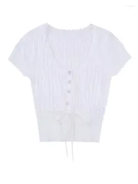 Women's Blouses Girls 2024 Summer Elegant Ruffles O-Neck Short Sleeve High Waist Knitted White Tops Womens Elastic Black Lace Up Blouse