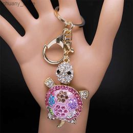 Keychains Lanyards Lovely Rhinestone Turtle Keychain for Girl Cute Animal Tortoise Crystal Metal Pendant Bag Car Key Chain Keyring Buckle Accessory Y240417