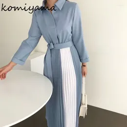 Casual Dresses Contrast Pleated Women Dress Lace Up Tunic Spring 2024 Vestidos Long Sleeve Vestido Turn Down Collar Ropa Mujer