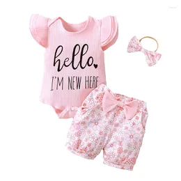 Clothing Sets Baby Girl Summer Set Letter Print Sleeve Ribbed Romper Elastic Waist Floral Shorts 3D Bow Headband Toddler Outfits