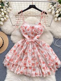 Casual Dresses Sweet Floral Print Women Beach Dress 2024 Summer Strapless Slim Waist Spaghetti Strap Girl Fashion Sundress