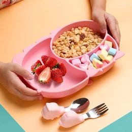 Dinnerware Sets Children's Silicone Plate Divider All-in-one Auxiliary Cutlery Baby Practise Bowl Set With Suction Cup Cartoon Spoon Fork