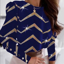 Women's Blouses Fashion Gold Stripe Printing Shirt For O-Neck Long Sleeve Back Single Breasted Tops Elegant Office Ladies Clothes