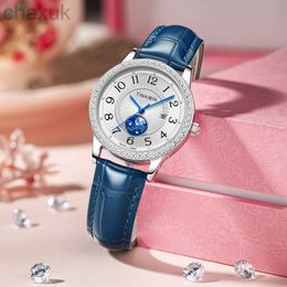 Wristwatches Top Brand Luxury Diamond Moon High Quality Leather Blue Band women watches Steel Waterproof reloj mujer TIANBIN d240417