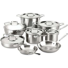 All-Clad D5 5-Ply Brushed Stainless Steel Cookware Set - 14 Piece Induction Oven Broiler Safe 600F Pots and Pans Silver - Premium Quality Kitchen Essentials