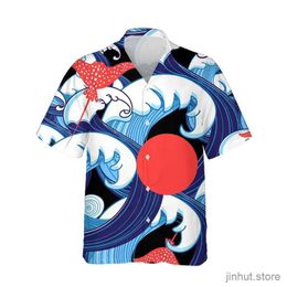 Men's T-Shirts Mens Sea Wave Shirts 3D Print Clothes Fashion Button Short Sleeve Lapel Streetwear Shirt For Men Hawaiian Shark Blouse Shirt