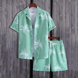 Men's Tracksuits Loose Fit Men Outfit Casual Suit Summer Coconut Tree Print Shirt Shorts Set With Elastic Drawstring For Beach