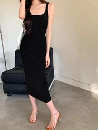 Casual Dresses Alien Kitty 2024 Solid Bodycon Slim Long Dress Women Elegant Lady Square Collar Vintage Summer Party Chic Sexy