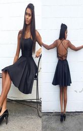 Sexy Criss Cross Back Little Black Cocktail Dresses 2019 Spaghetti Straps Satin Short Homecoming Party Gowns7142333