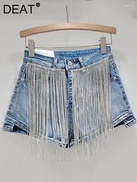 Women's Jeans Diamonds Chains Tassel Denim Shorts High Waist Washed Wide Leg Super Short Pants 2024 Summer Fashion 29L7349