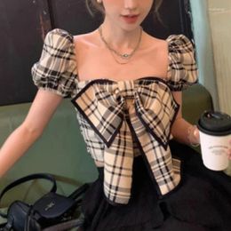 Women's Blouses Temperament Bow Bubble Sleeves Checkered Short Sleeved Shirt For Summer Style Korean French Square Neck Tops