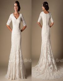 Ivory Vintage Lace Mermaid Modest Wedding Dresses With Half Sleeves V Neck Elbow Sleeves Length Temple Wedding Gowns Vestido De No2744914