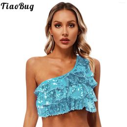 Stage Wear Women Shiny Sequins Crop Top Tiered Ruffles Sleeveless Jazz Dance Tanks Metallic One Shoulder Vest Performance Costume