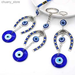 Keychains Lanyards Turkey Evil Eye Horseshoe Shaped Keychain Keyring New Vintage Tassel Blue Eye Beads Charm Pendant Keychain For Women Men Jewellery Y240417