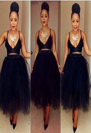 Sexy Spaghetti Straps Party Dresses Deep V Neck Sleeveless Zipper Backless Two Pieces Homecoming Dresses Puffy Tea Length Cocktail8359527