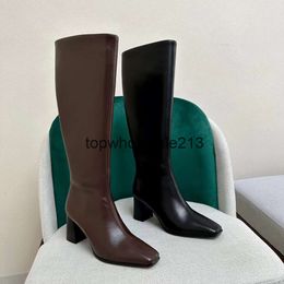 The Row for Top-quality Version of Long Boots Ding Women with Thick Heels Square Toe High Heels But Knee Side Zipper Leather