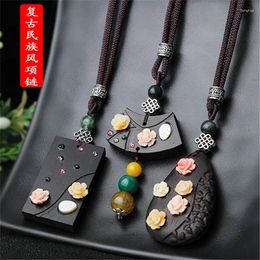 Pendant Necklaces Long Pendants Wooden Necklace Multicolor Flowers Ebony Inlaid Flower Ethnic Exotic Handmade Japis