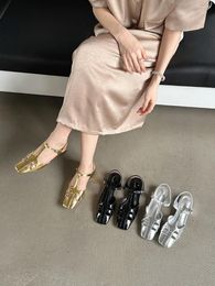 Sandals Square Toe Women 2024 Arrivals Fashion Dress Shoes Flat Low Heeled Black Silver Gold Ankle Strap Hollow 39