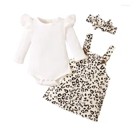 Clothing Sets 3 Pcs Baby Girls Casual Outfits Ribbed Sleeve Round Neck Bodysuit Leopard Print Suspender Skirt Bow Headband