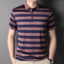 Men's Polos 2024 Summer Thin Mens Polo Shirts Hight Quality Short Sleeve Striped Casual Male Tops Fashion Slim Fit Jacquard Man Tees 3XL