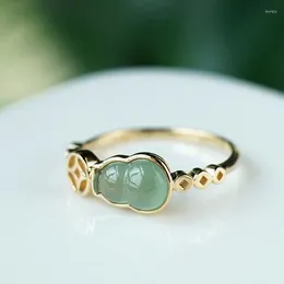 Cluster Rings Natural Hetian Jasper Gourd Yuanbao Ladies Ring Opening Adjustable Chinese Retro Creative Fresh Charm Silver Jewellery