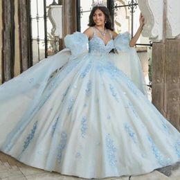 Puff Sleeves Quinceanera Dresses 3D Floral Applique Beading Crystal Vestido De 15 Anos Ball Gown Sequin Sweet 16 Prom Dress