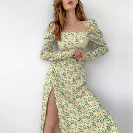 Casual Dresses 2024 Vintage Floral Print Puff Long Sleeve Beach Autumn Square Collar High Split Boho Maxi Dress Vestidos